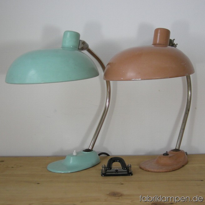 Old nice coloured desk lamps with strong traces of age and use. Height ca. 45 cm (17,7 inches), diamater shade ca. 30 cm (11,8 inches).