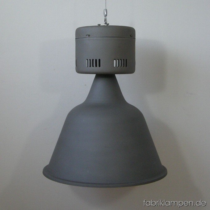 Sandblasted industrial lamp. Material: sheet with wire rope suspension. Without socket – for the socket there is a threaded tube (M10) in the lamp, for 20 EUR additional price we can electrify the lamp. Height of the lamp without wire rope mounting ca. 55 cm (21,6 inches), diameter ca. 48 cm (18,9 inches).