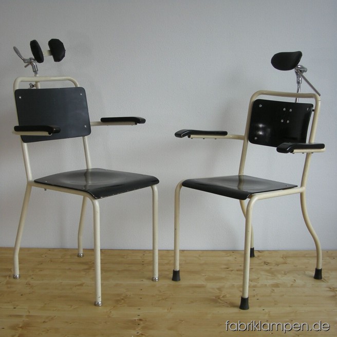 Antique Bauhaus dentist chairs from about 1930-1940 with traces of use and age.