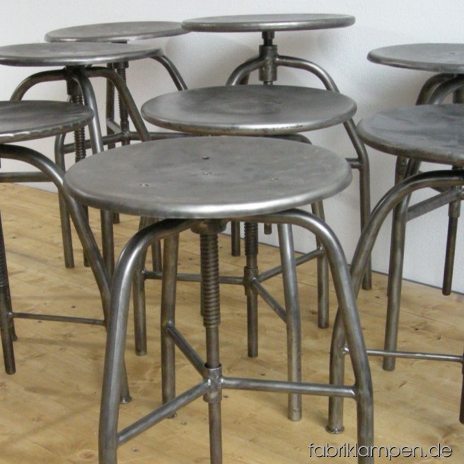 Industrial stools in restored nice condition. They are hand-cleaned and waxed. Diameter sits ca. 35 cm, sitting height between 47 and 79 cm (2 various types).