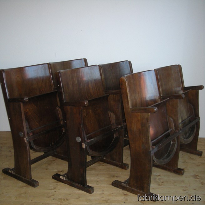 Old cinema chairs in very nice condition, made of oak and plywood. Width 106 cm (42 inches), height 83 cm (33 inches), sitting height 40-46 cm (16-18 inches).