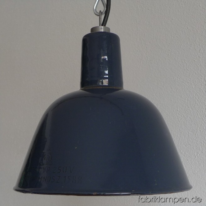 Small  grayish-blue industrial lamp. Material: grayish blue enameled sheet. Newly electrified, with wire-rope suspension. Height of the lamp is ca. 23 cm (9 inches), diameter of the shade is ca. 26 cm (10,2 inches).