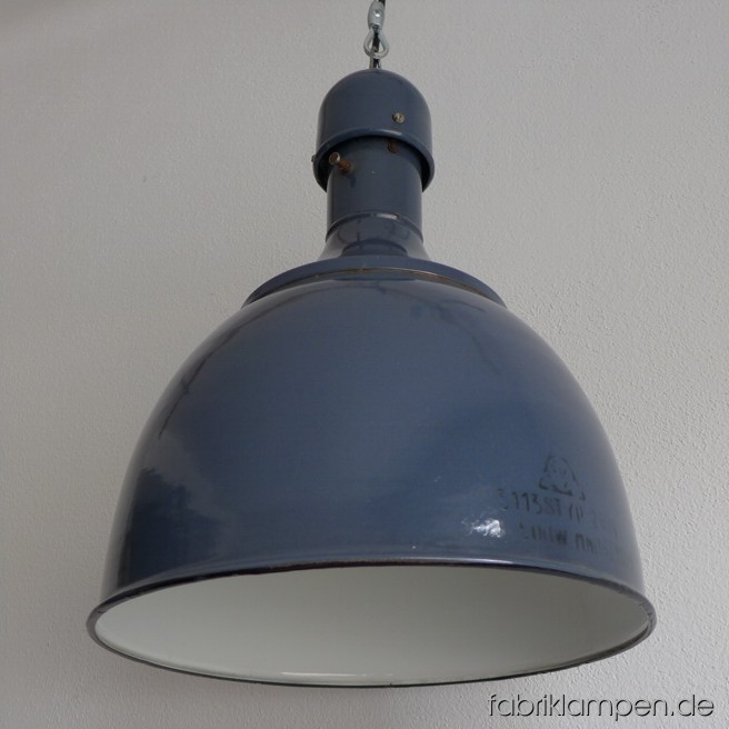 Graceful blue industrial lamp. Material: blue (some grayish) enameled sheet. Newly electrified, with wire-rope suspension. Height of the lamp is ca. 46 cm (18,1 inches), diameter of the shade is ca. 36 cm (14,2 inches).