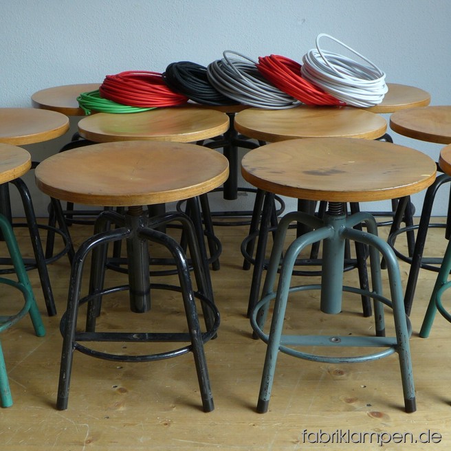 Nice old industrial stools. The pedestals are in nice original condition, the sits are restored (sanded and sealed with silky matt transparent varnish). Diameter sits ca. 36 cm (14,2 inches), sitting height between 44 and 56 cm (17,32 – 22 inches).
