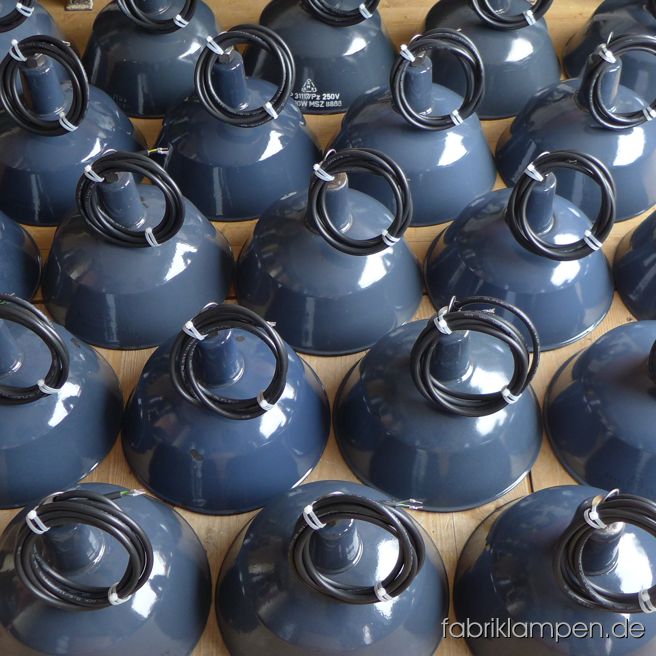 Group of grayish blue enamel factory lamps for a bigger project in Hamburg.