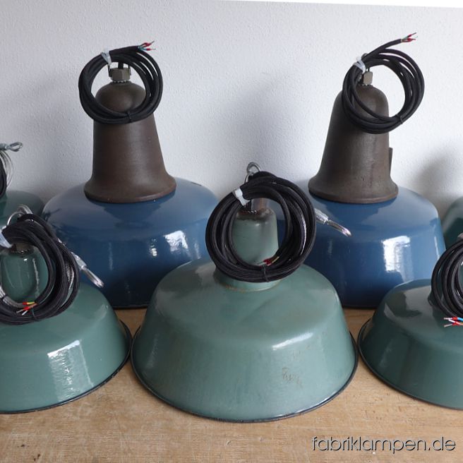 Nice group of old green and blue enamel factory lamps for a bureau in Austria.