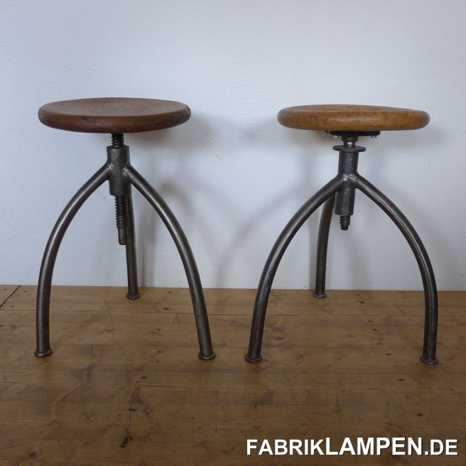 Very nice old industrial stool with hardwood sit. Nice form, arcuate feets. From about 1930. The pedestals are cleaned and conserved. The old hartwood sits (sometimes with stronger traces of age and usage) are waxed. Sitting heights between 45 and 60 cm (18 – 23,6 inches). Diameter sits about 31 cm (12,2 inches). 