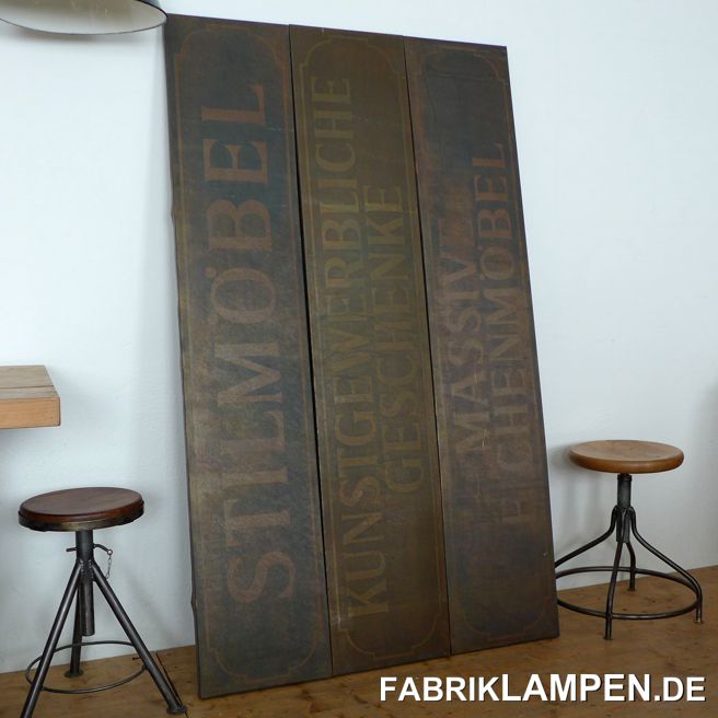 Old signs from a former department store. Solid copper, with the inscriptions STILMÖBEL, MASSIVE EICHENMÖBEL und KUNSTGEWERBLICHE GESCHENKE.Very rare find, of course original, as always with us. The old signs are in a good original condition, with the usual signs of age and wear and a very nice patina.Material: copper sheet, with edges.Ideal for a loft or a furniture exhibition or shop in loft style.The dimensions: width 180 cm (5,8 feet), height 35 cm (13,8 inches), depft 3 cm (1,2 inches).Weight: 5.3 kg/sign. 