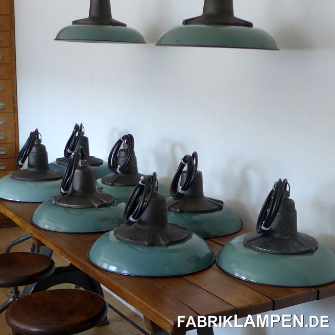 April 2020 at fabriklampen.deWe work diligently as always: both the old factory lamps and the industrial furniture are lovingly refurbished or restored on an ongoing basis. Here are some pictures from the past weeks:Laid table: Beautiful old green industrial lamps with cast iron top - it is rare item for a project.Various old, reconditioned industrial stools that can also be used as garden stools. We installed the old stools with new oak seats.Old industrial chairs from a former textile factory: gently cleaned and treated: perfect for a loft.An old doctor's desk, around 1950-1960, in a rare “rockabilly” form. We have provided the table with a new solid oak top, which we have stained black.Play of light with an old factory lamp: the lamp comes from the 1960s, the head part resembles a Sputnik and creates a beautiful light effect.An old large industrial table or workbench, restored and ready for the next hundred years. 